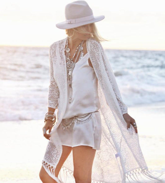 Clearance White Lace Tassels Long Cover Up Beach Cardigan Dress