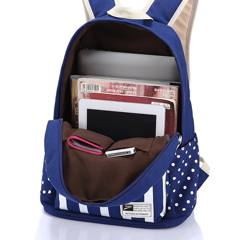 Polka Dot And Strip Print School Backpack Canvas Bag - Meet Yours Fashion - 5