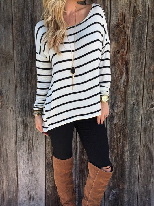 Clearance Striped Long Sleeves Scoop Casual Long Blouse