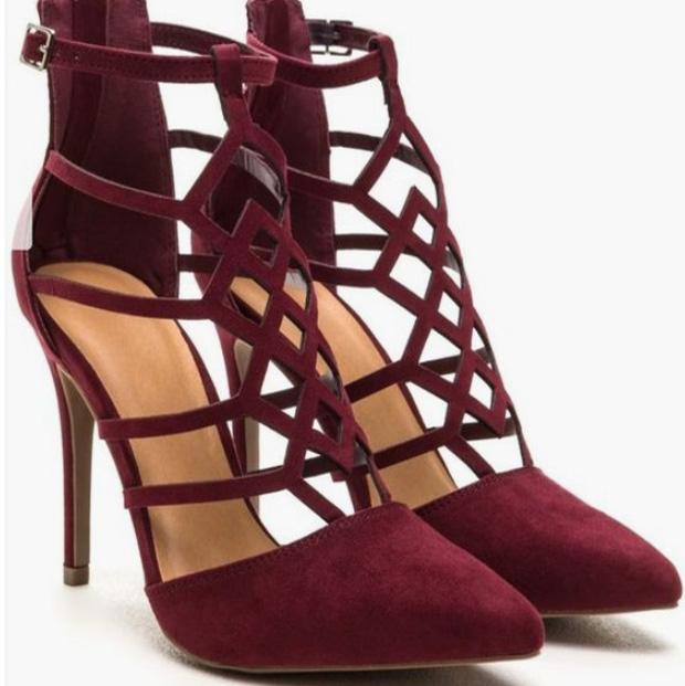 Red Pointed Toe Cutout Buckle Suede High Heels