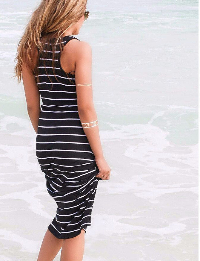 Striped Sleeveless Scoop Loose Long Beach Dress - Meet Yours Fashion - 6