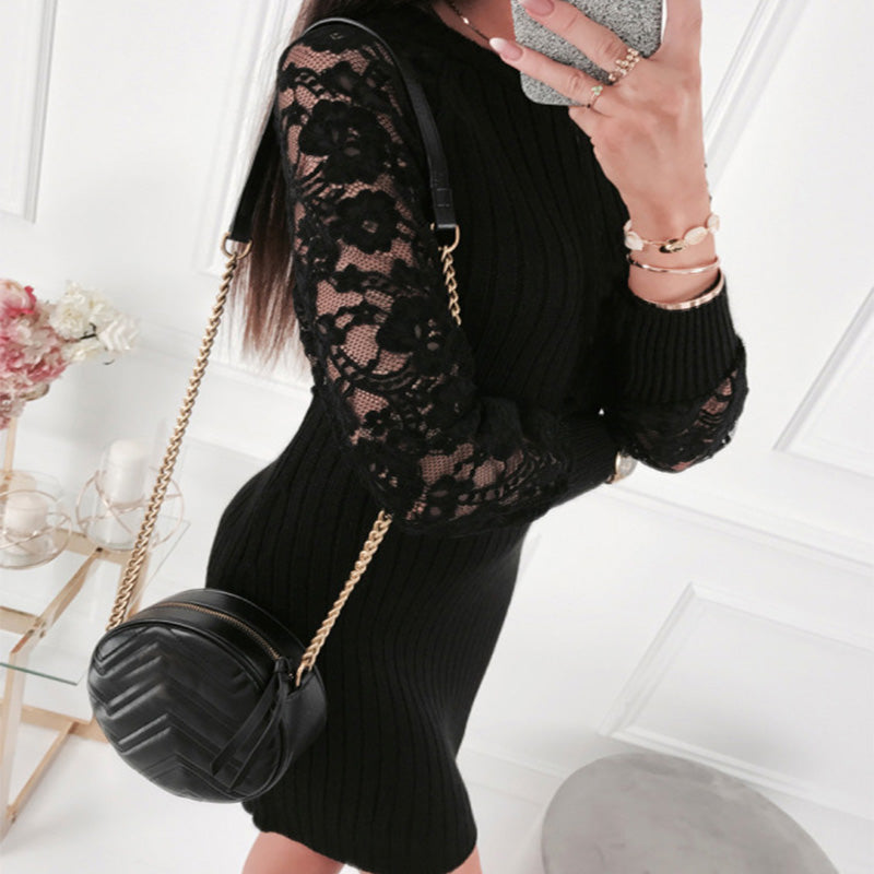 Black Lace Patchwork Backless Bodycon Dress