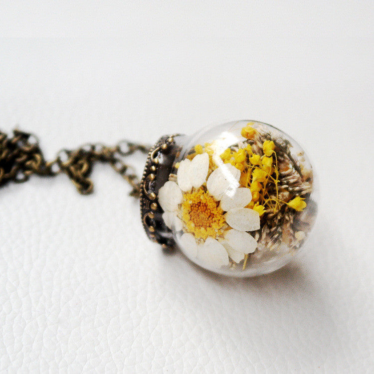 Korean Contracted Dried Flowers Glass Ball Long Sweater Chain Necklace