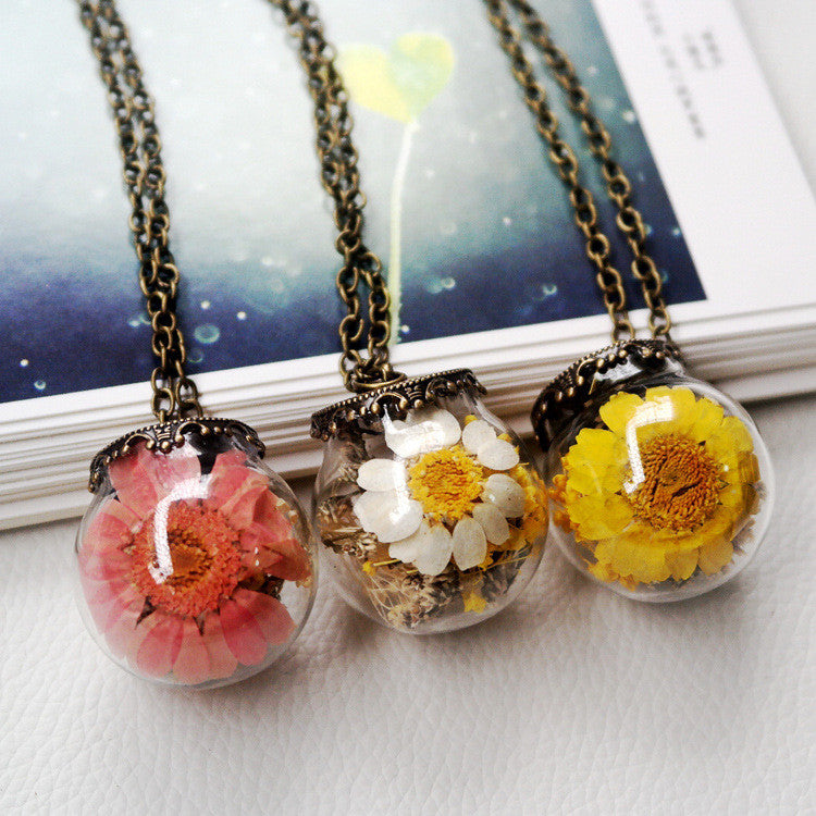 Korean Contracted Dried Flowers Glass Ball Long Sweater Chain Necklace