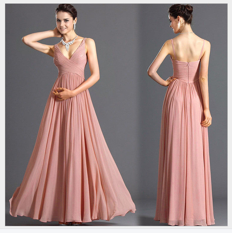 V-neck Backless Solid Spaghetti Strap Chiffon Long Bridesmaid Dress - Meet Yours Fashion - 3