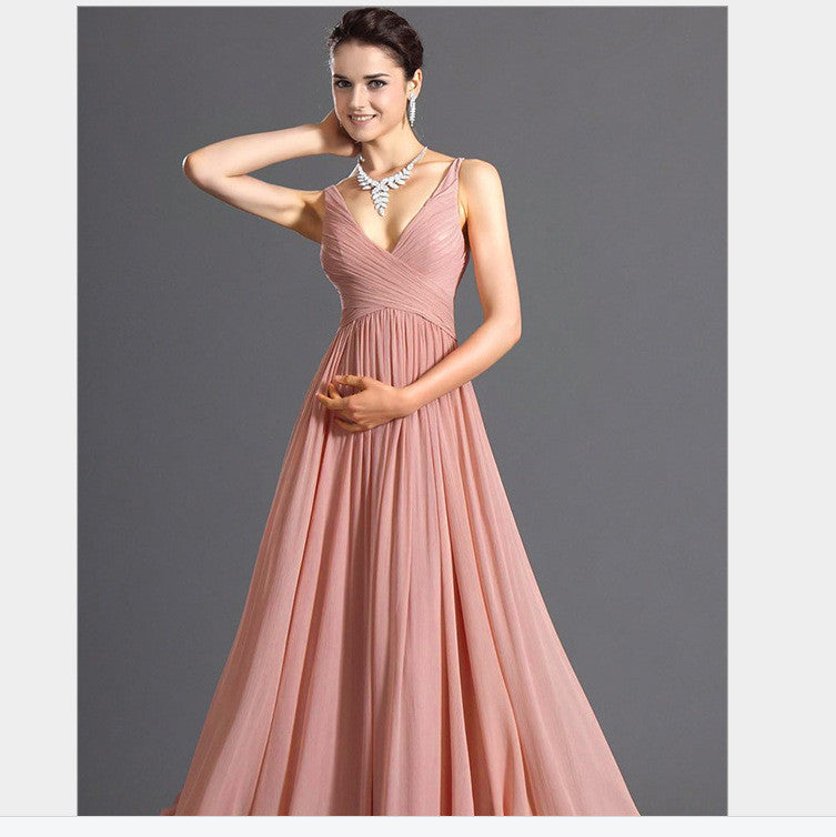 V-neck Backless Solid Spaghetti Strap Chiffon Long Bridesmaid Dress - Meet Yours Fashion - 2