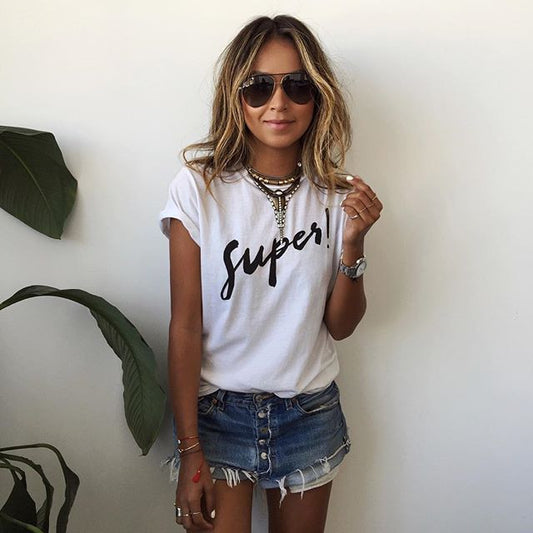 Letter Short Sleeves Scoop Casual Brief T-shirt