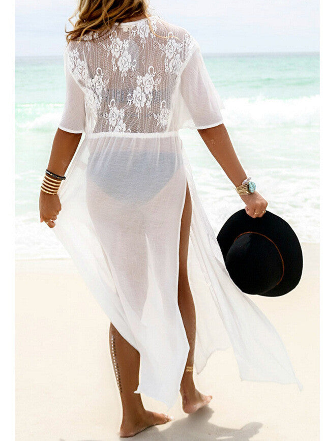White Split Draw String Long Beach Cover Up Dress