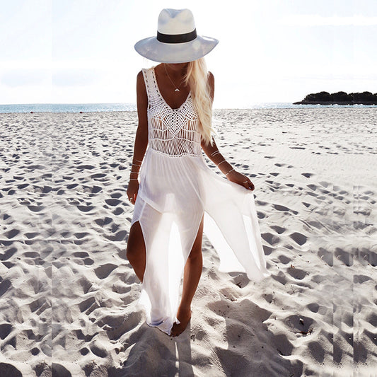 Hollow Out Deep V-neck Split Women Chiffon Long White Beach Dress