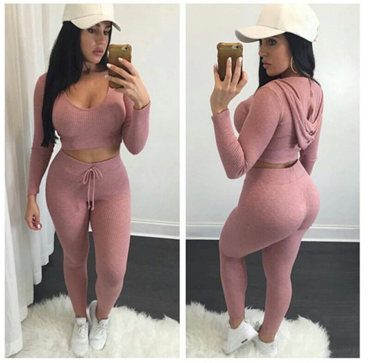 Hooded Crop Top Slim Pant Pure Color Two Pieces Set