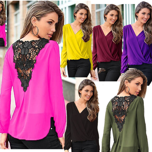 Backless Lace Patchwork V-neck Long Sleeves Chiffon Blouse