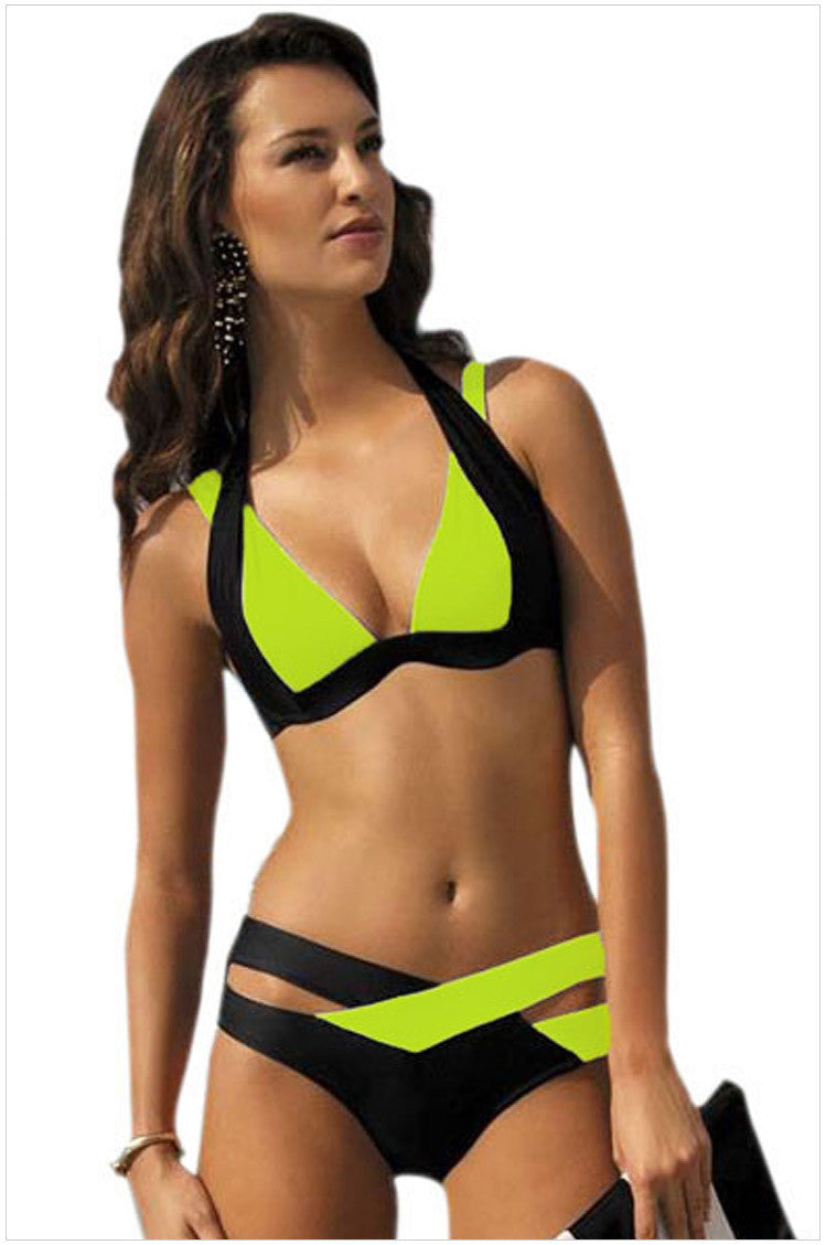 Contrast Color Patchwork Cross Hollow Out V-neck Bikini - Meet Yours Fashion - 5
