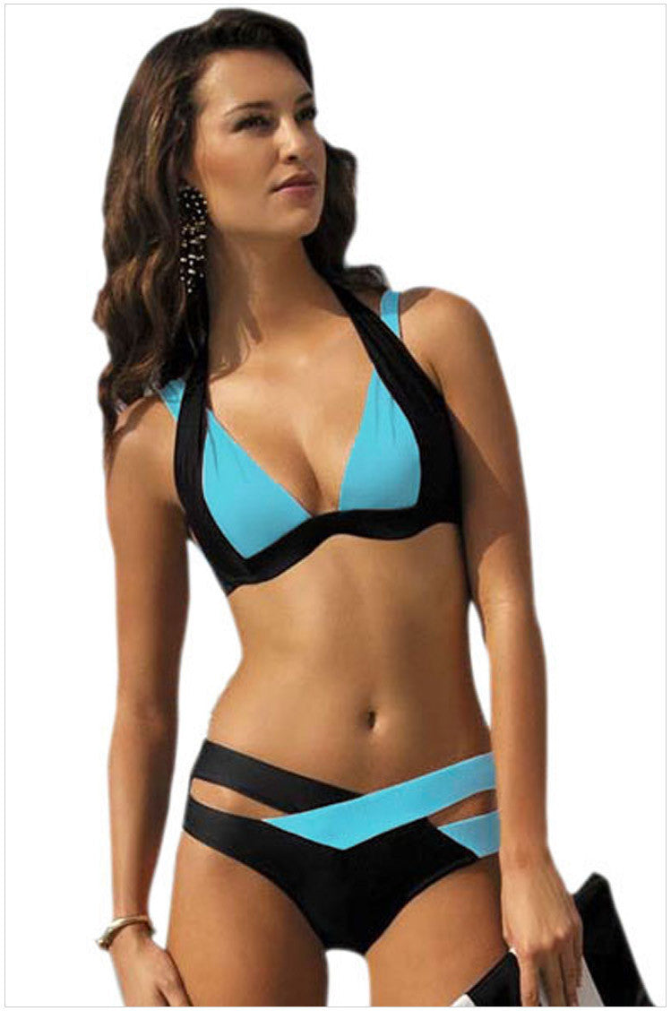 Contrast Color Patchwork Cross Hollow Out V-neck Bikini - Meet Yours Fashion - 4