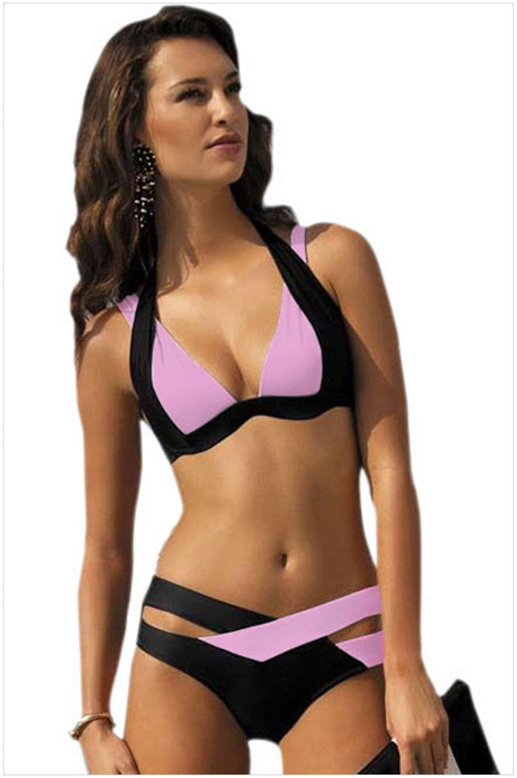 Contrast Color Patchwork Cross Hollow Out V-neck Bikini - Meet Yours Fashion - 6