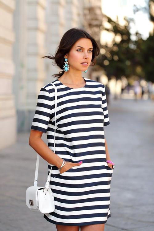 Stripe O-neck Short Sleeve Short Dress - Meet Yours Fashion - 1