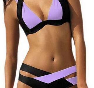 Contrast Color Patchwork Cross Hollow Out V-neck Bikini - Meet Yours Fashion - 7
