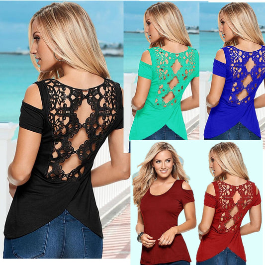 Hollow Out Lace Patchwork Irregular Scoop Sexy T-shirt
