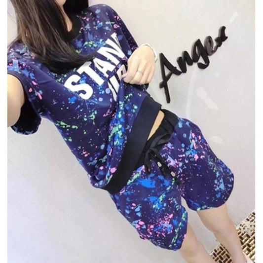 Flower Print Plus Size T-shirt with Shorts Casual Sport Suits