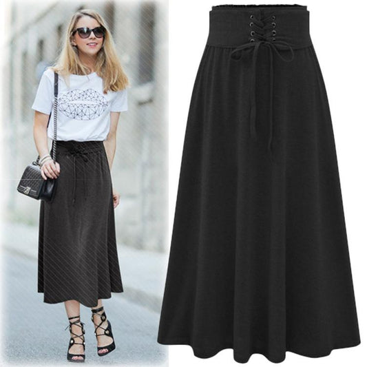 High Waist Draw String Slim Pleated Pure Color Long Skirt