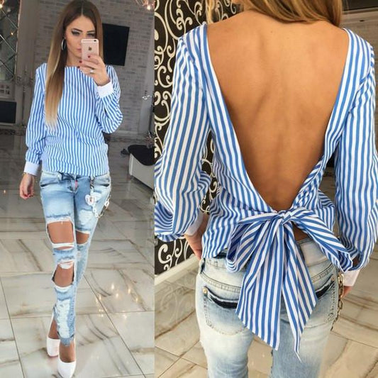 Striped Irregular Hollow Out Sexy Backless Back Cross Blouse