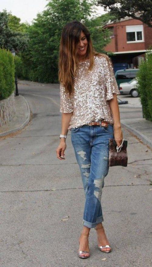 1/2 Sleeves Sequin Casual Loose Sexy Club Blouse - Meet Yours Fashion - 3