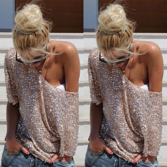 1/2 Sleeves Sequin Casual Loose Sexy Club Blouse