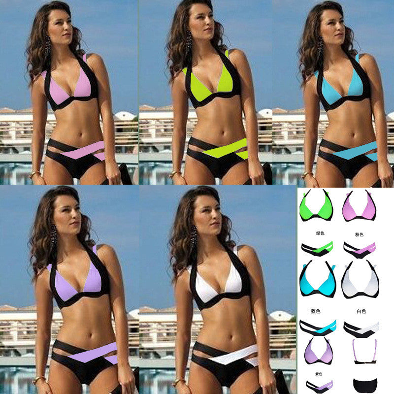 Contrast Color Patchwork Cross Hollow Out V-neck Bikini - Meet Yours Fashion - 1