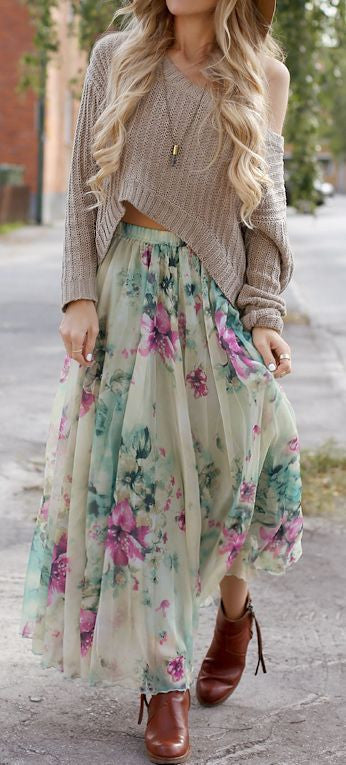 Bohemian Flower Print Wide Flare Maxi Skirt - Meet Yours Fashion - 1