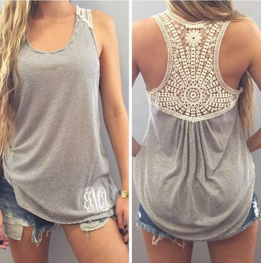 Hollow Lace Patchwork  Sleevelsss Scoop Vest