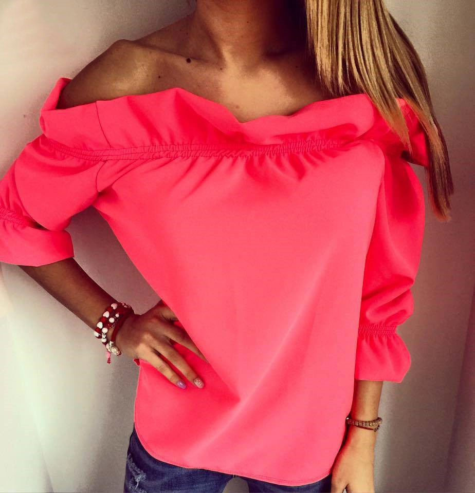 Falbala Strapless 1/2 Sleeves Pure Color Sexy Blouses