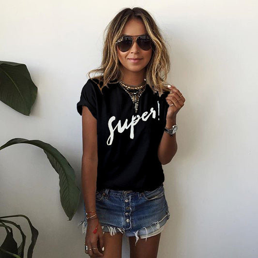 Short Sleeves Letter Print Scoop Casual T-shirt