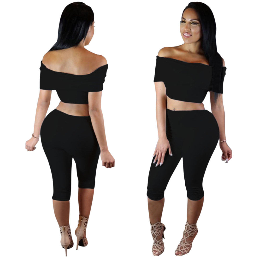 Strapless Short Sleeves Crop Top 3/4 Pants Two Pieces Set