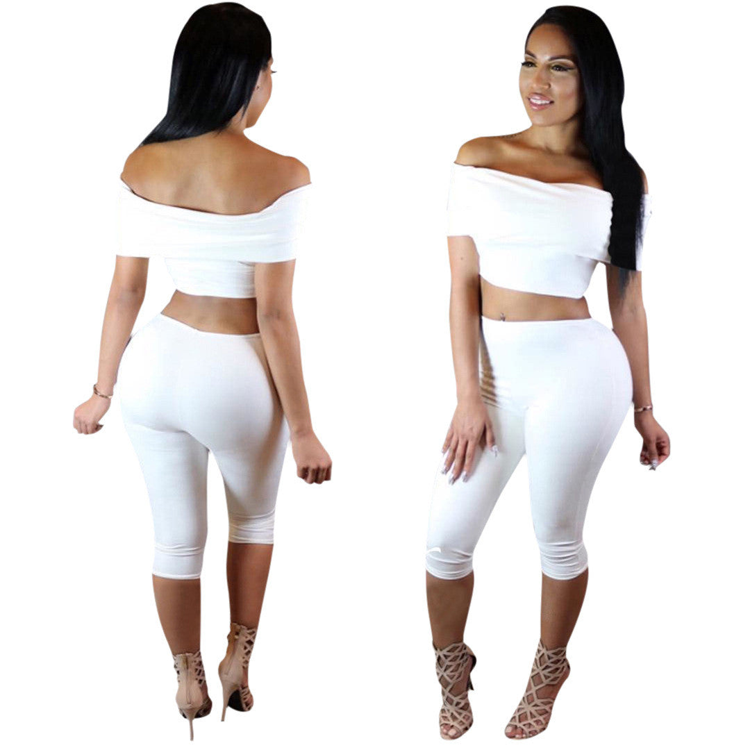 Strapless Short Sleeves Crop Top 3/4 Pants Two Pieces Set
