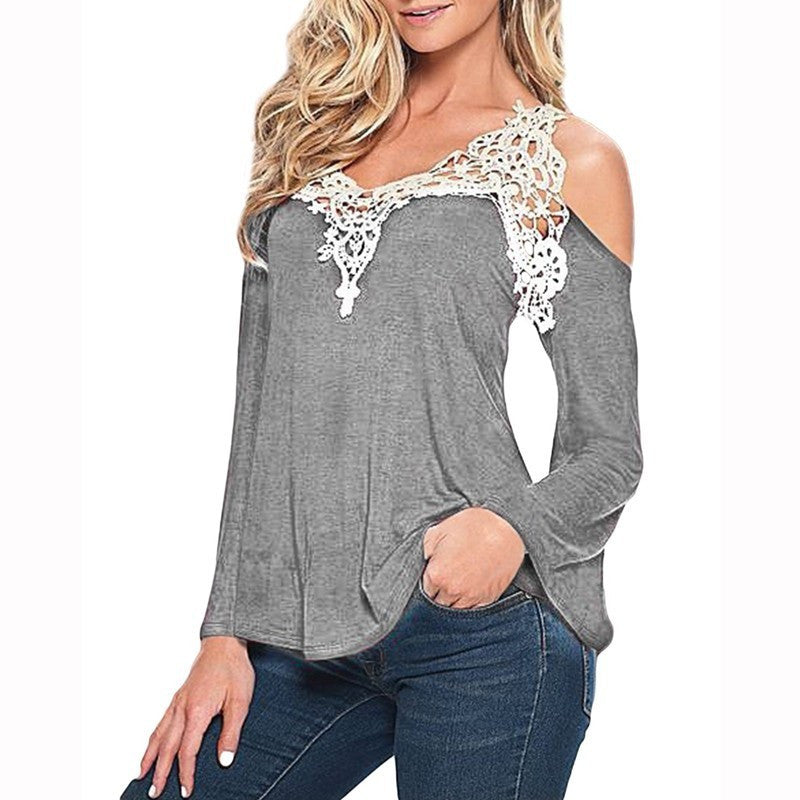 Sexy V-neck Long Sleeves Lace Patchwork Off-shoulder Blouse