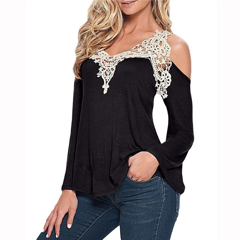 Sexy V-neck Long Sleeves Lace Patchwork Off-shoulder Blouse
