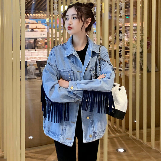 Spring And Autumn New Embroidery Tassel Loose Casual Denim Coat