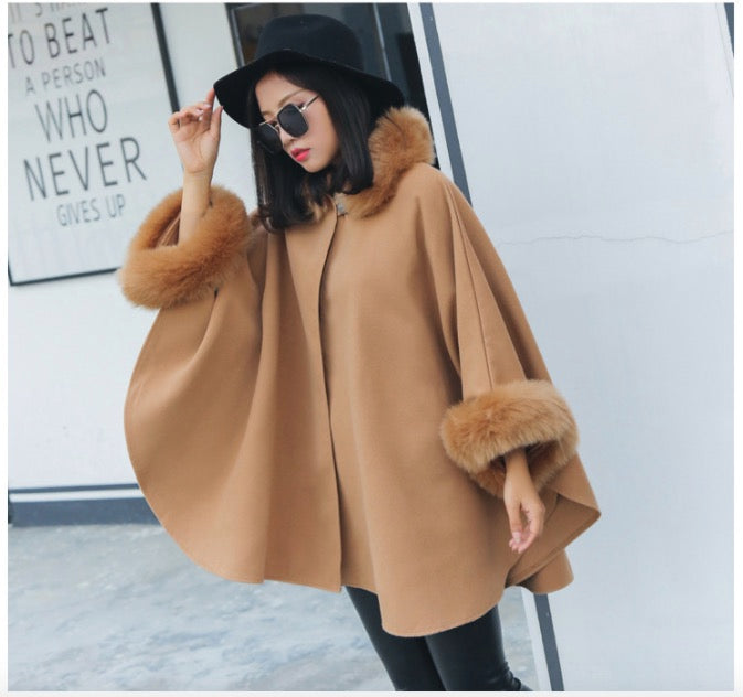 Hooded Faux Fur Collar Warm Women Cloak Cape Winter Coat