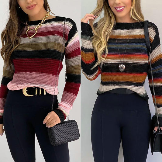 Round Neck Casual Color Contrast Stripe Sweater