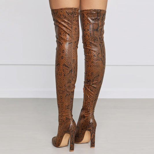 Side Zipper Pointed High Thick Heel Knee Elastic Boots