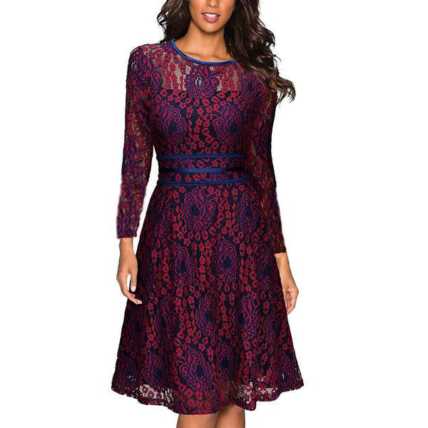 Solid Color Long-sleeved Lace Knee-length Party Dress