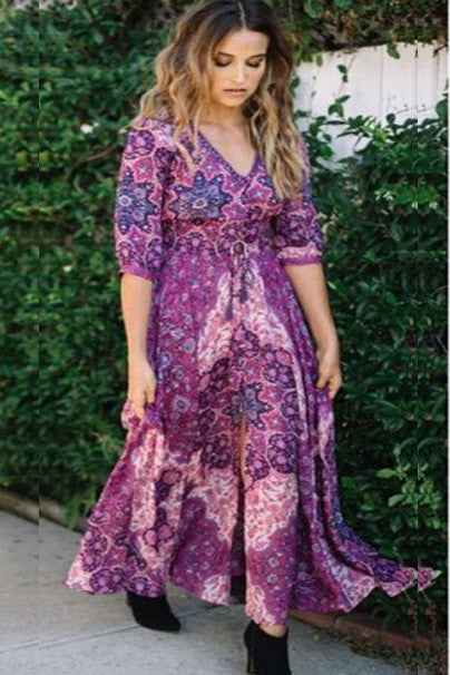 Purple V-neck Half Sleeves Long Print Beach Dress