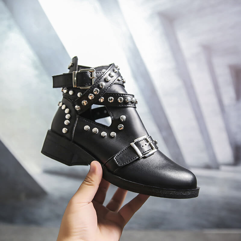 Black Leather Rivet Martin Ankle Boots