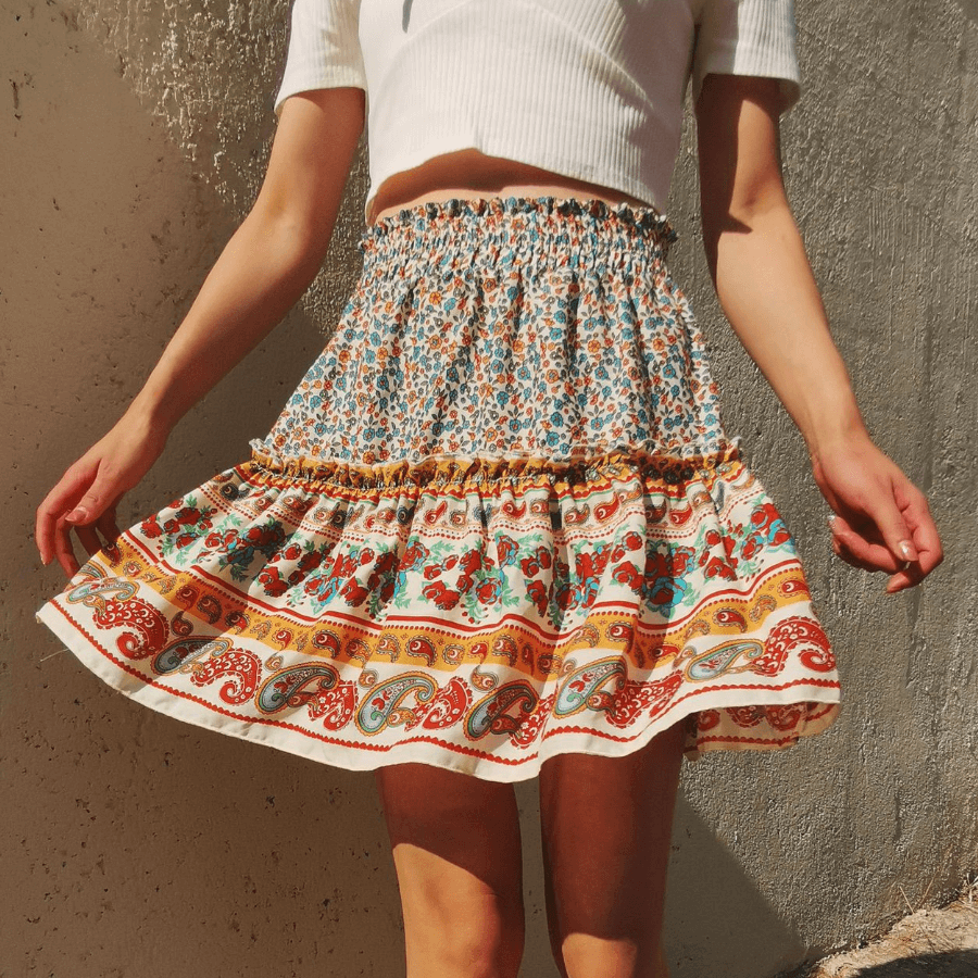 Bohemia Loose Floral Ruched Strap Mini Skirts