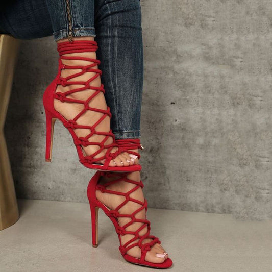 Casual Red Cutout Strap Open Toe High Heels Sandals