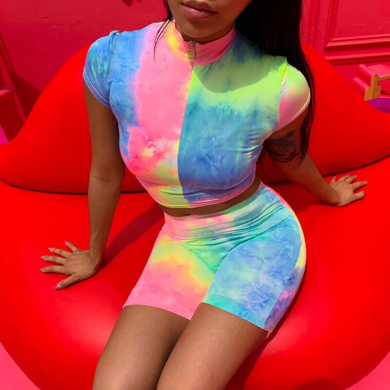 Party Tie Dye Short Sleeve High Waist Bodycon Slim Two Pieces Set