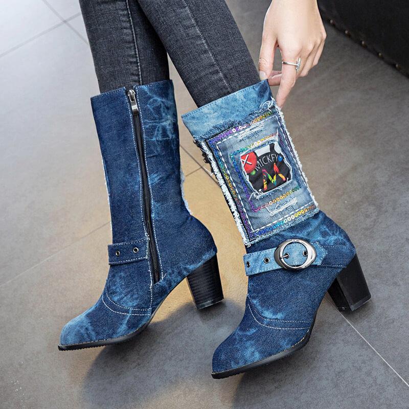 Jeans Stylish Chunky Low Heel Mid Calf Boots
