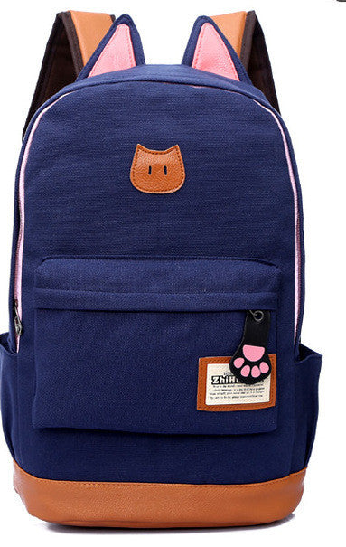 Cute Cat Ears Solid Color School Backpack Canvas Bag - Meet Yours Fashion - 3