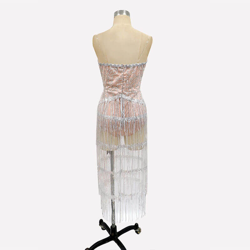 Silver Fringe See Through Party Dress