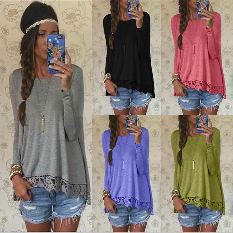 Lace Patchwork Long Sleeves Casual Loose Scoop T-shirt - Meet Yours Fashion - 1