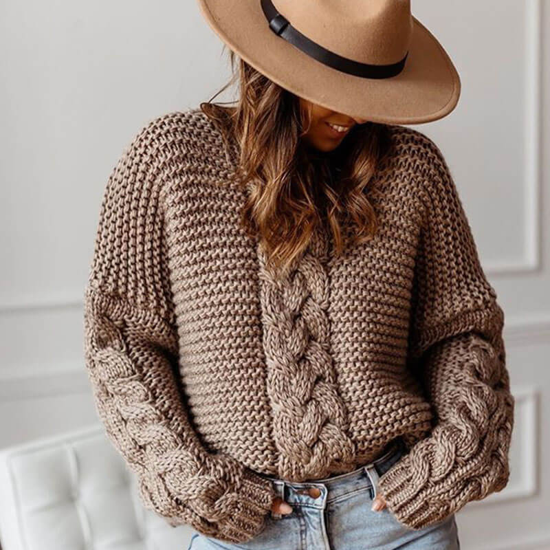 Soild V Neck Cable Knitted Sweater